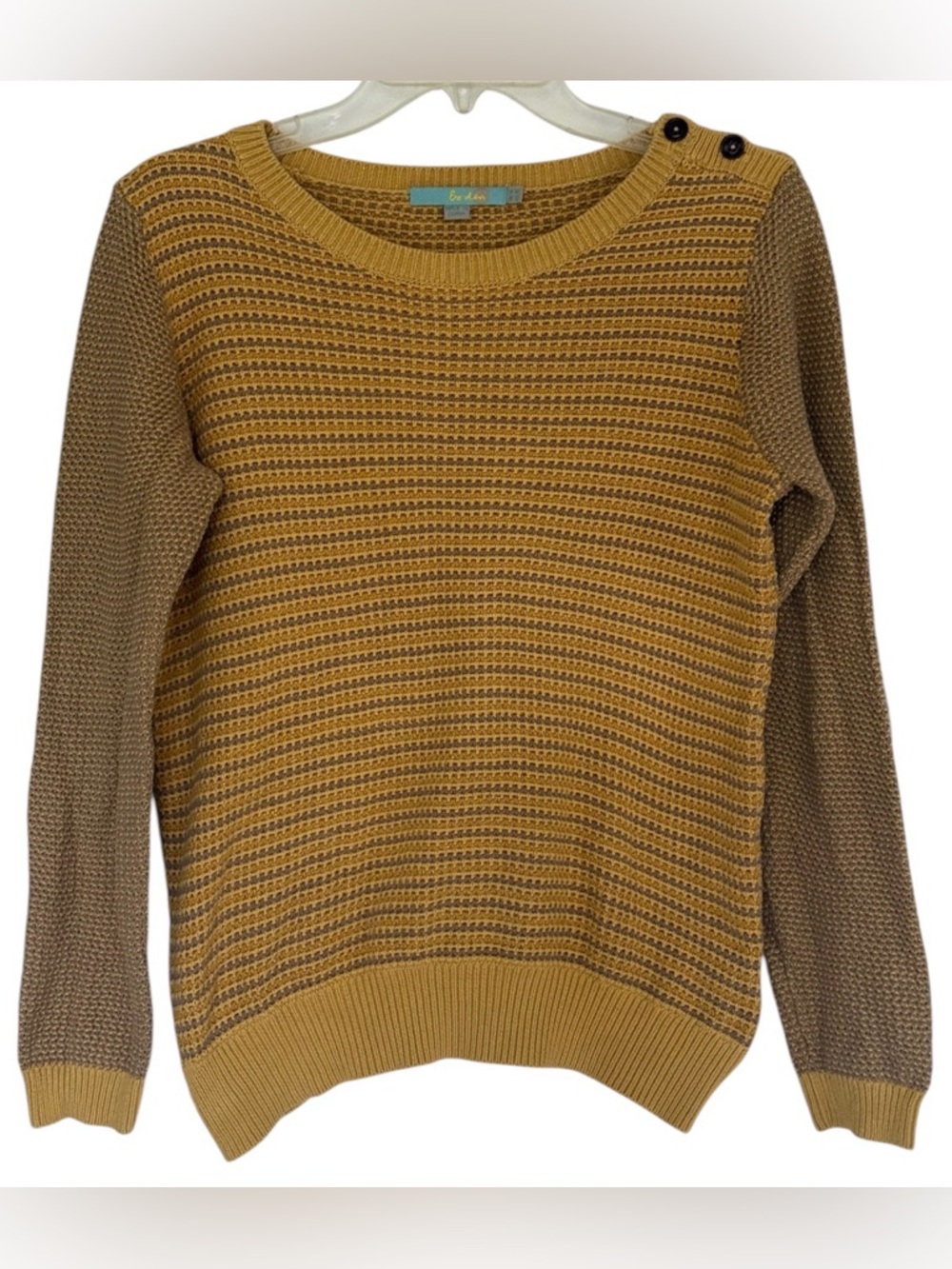 Boden Two-Tone Mustard and Taupe Crewneck Sweater with Shoulder Buttons sz10